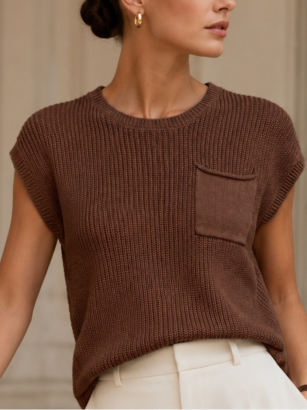 DOKOTOO Ribbed Knit Sleeveless Top in Chestnut Brown